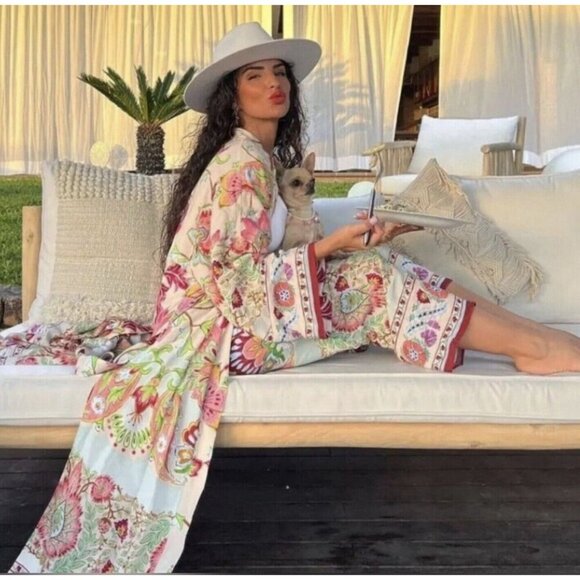 EMILY IN PARIS Zara BLOGGER FAV S Floral Boho Multicolor Belt Kimono Robe Dress - Picture 5 of 16